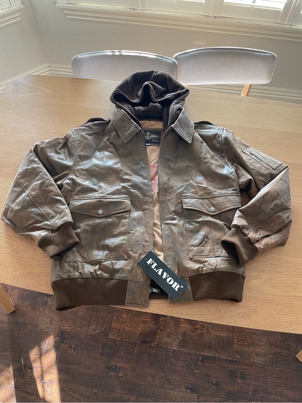 Flavor 100% Pigskin Leather Hooded Bomber Jacket